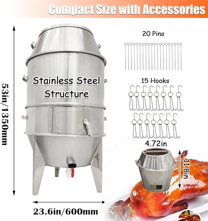INTBUYING 3-Tier Charcoal Duck Roaster Oven 23.6" x 53" Stainless Steel Roasting Machine for Peking Duck BBQ Chicken Turkey Pig with Hooks & Pins for Commercial Home Use Roast Oven