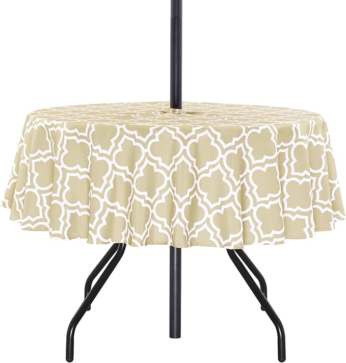 Poise3EHome 60 inches Outdoor/Indoor Waterproof Spillproof Round Tablecloth with Umbrella Hole for Camping, Picnic, Christmas Tree Skirt, BBQ, Khaki
