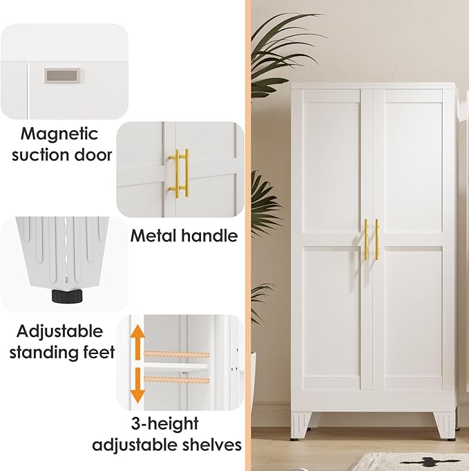 PAOFIN 47" Kitchen Pantry Cabinet, Metal Storage Cabinet with 3 Adjustable Layer Shelves, 8 Door Shelves, Buffet Sideboard for Living Room, Kitchen, White