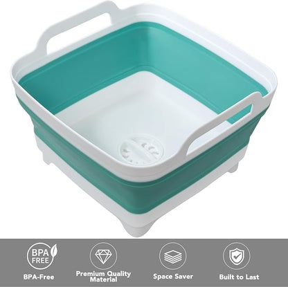 Dishpan for Washing Dishes, 2.4Gal/9L Wash Basin with Draining Plug Carry Handles, Collapsible Bucket for Cleaning, Portable Sink, Foldable Plastic Tub