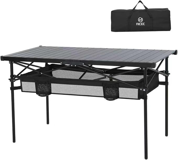 Nice C Portable Aluminum Roll-Up Top Folding Camping Table (Black) | Lightweight Collapsible Table, Mesh Net, Cup Holder, Steel Frame, Carry Bag, Outdoor, Indoor, Sports, Picnic, BBQ