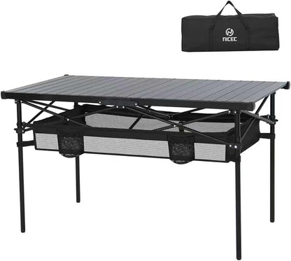 Nice C Portable Aluminum Roll-Up Top Folding Camping Table (Black) | Lightweight Collapsible Table, Mesh Net, Cup Holder, Steel Frame, Carry Bag, Outdoor, Indoor, Sports, Picnic, BBQ