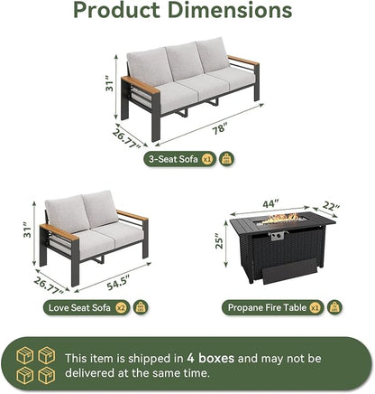 Aoxun Patio Furniture Set, Aluminum Patio Set with Fire Pit Table and 5" Thicken & Washable Cushion, Waterproof Outdoor Furniture, Outdoor Couch Sectional for Backyard (LS-7 Seats/F, Grey)