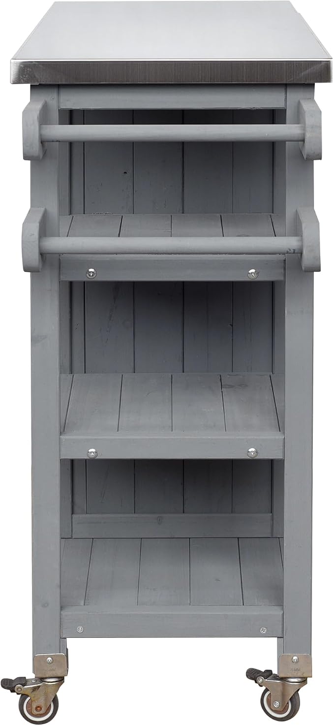 JIVOIT Outdoor Kitchen Island with Foldable Stainless Steel Tabletop, Patio Fir Wood Kitchen Cart Portable Prep Station with Lockable Wheels, Storage Cabinet and Towel Rack (Grey/123)
