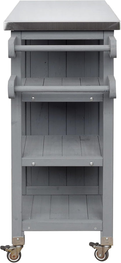 JIVOIT Outdoor Kitchen Island with Foldable Stainless Steel Tabletop, Patio Fir Wood Kitchen Cart Portable Prep Station with Lockable Wheels, Storage Cabinet and Towel Rack (Grey/123)