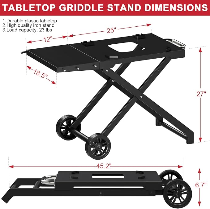 Grill Stand for Ninja Woodfire Outdoor OG700 OG800 Series, Portable Folding Grill Table Cart for Ninja Woodfire OG701 OG850 OG951 and OO101 Pizza Oven with Side Table