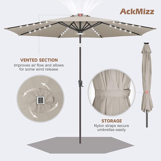 Solar Patio Umbrella with Centre Light, 10 ft Taupe | 40 LED Lights, UV Protection, Solar Outdoor Umbrella for Porch, Deck, Pool, Table, Garden, Provides Evening Lighting