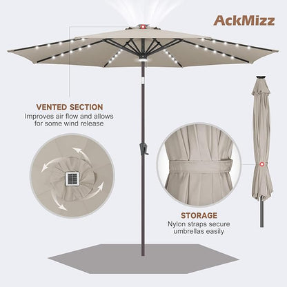 Solar Patio Umbrella with Centre Light, 10 ft Taupe | 40 LED Lights, UV Protection, Solar Outdoor Umbrella for Porch, Deck, Pool, Table, Garden, Provides Evening Lighting