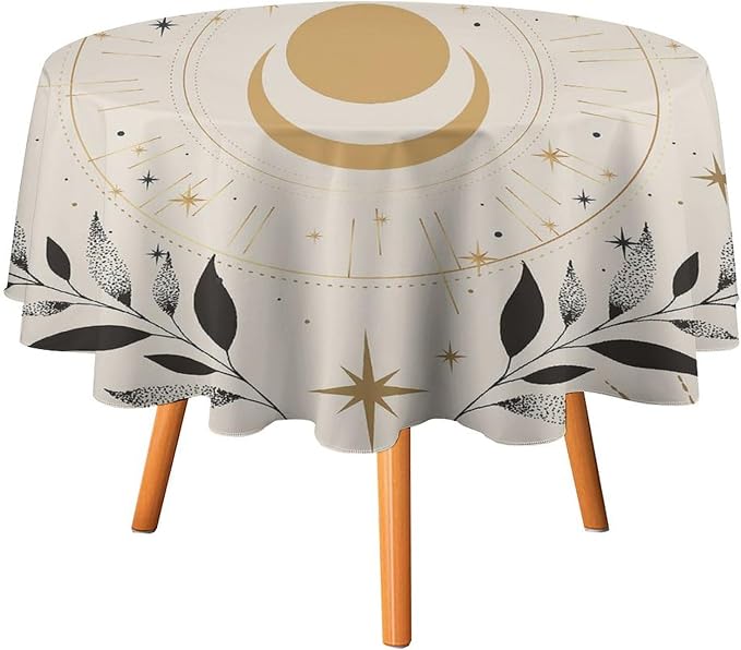 Vintage Boho Sun Moon Round Tablecloth Moon Phase Star Galaxy Space Wildflower Table Cloth Water Resistant Wipeable Table Cover for Farmhouse Picnic Party Holiday Kitchen Dinner Table 60"