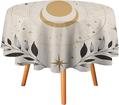 Vintage Boho Sun Moon Round Tablecloth Moon Phase Star Galaxy Space Wildflower Table Cloth Water Resistant Wipeable Table Cover for Farmhouse Picnic Party Holiday Kitchen Dinner Table 50"