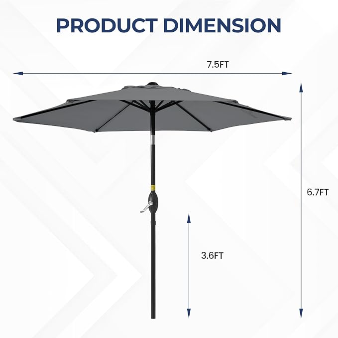 Wisteria Lane Outdoor Patio Umbrella, 7.5' Patio Umbrella, Market Umbrella, Large Outdoor Umbrella, Metal Pole Umbrella with Push Button Tilt and Crank, Polyester Canopy