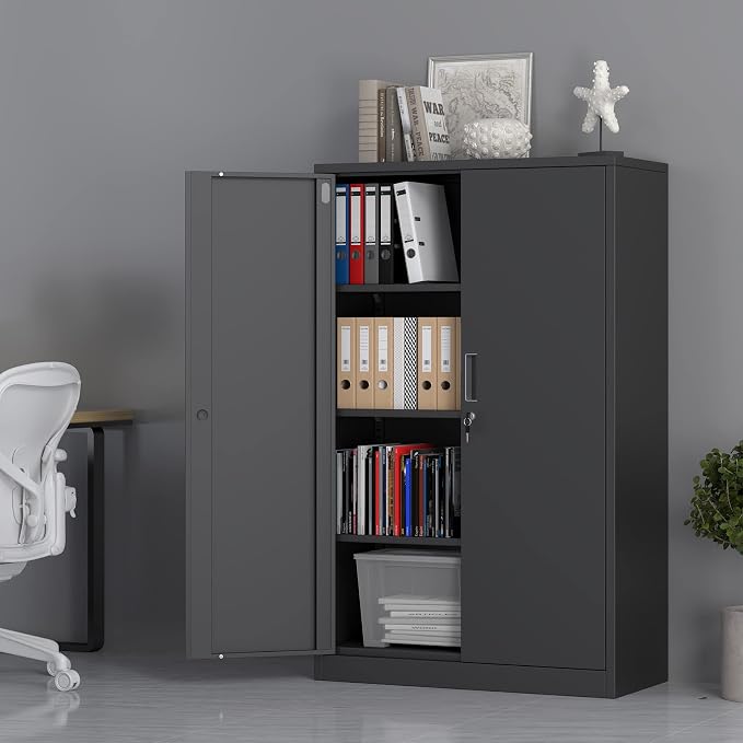 Metal Storage Cabinet with Locking Doors and 3 Adjustable Shelves, 53.5-Inch Tall Lockable Steel Storage Cabinets for Home Office Garage Pantry (Black)