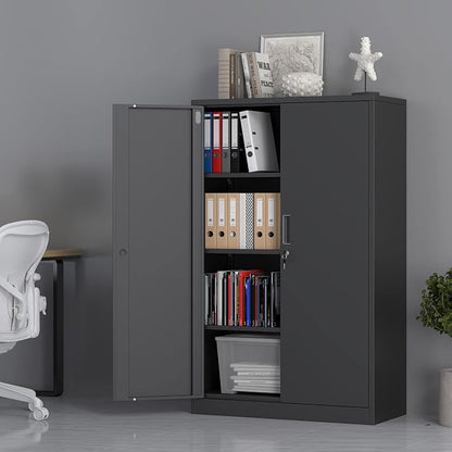 Metal Storage Cabinet with Locking Doors and 3 Adjustable Shelves, 53.5-Inch Tall Lockable Steel Storage Cabinets for Home Office Garage Pantry (Black)