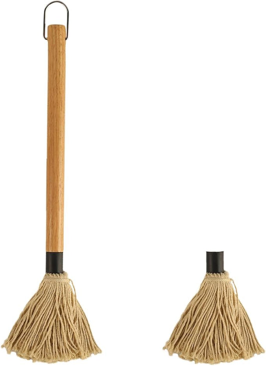 18.3 Inch BBQ Mop Brushes for Sauce, Grill Basting Mop Wooden Long Handle BBQ Mop with 1 Extra Replacement Heads for BBQ Grilling Smoking Steak