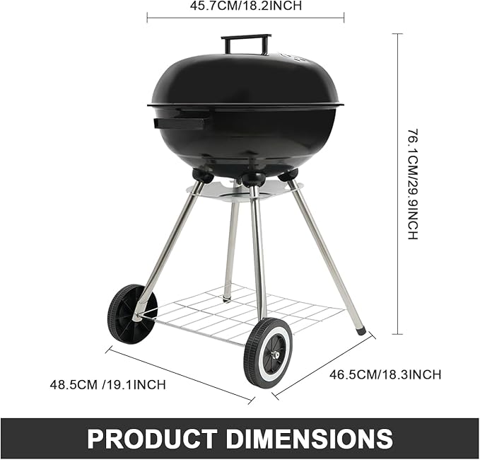 18 Inch Charcoal Grill, Kettle Grill with Handle and Wheels for Outdoor Camping and Small Patio Backyard (Black)