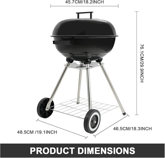 18 Inch Charcoal Grill, Kettle Grill with Handle and Wheels for Outdoor Camping and Small Patio Backyard (Black)