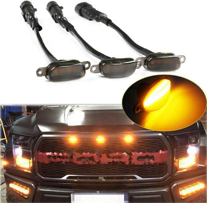 LED Front Grille Running Lights Compatible with Ford F150 Raptor 2004-2018, Compatible with Ram Raptor Style 2013-2018, 12V Grille Marker Light with Wiring Harness, Smoked Lens Amber, 3PCS
