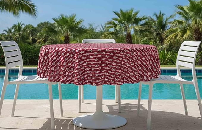 Newbridge Round Vinyl Tablecloth with Flannel Backing, Red Nautical Rope Stripe, 70 Inch, Coastal Striped Indoor Outdoor Wipe Clean Picnic, BBQ and Dining Table Cover