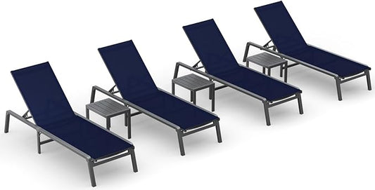 Ciokea Aluminum Foldable Lounge Chairs Set of 4 with 3 Outdoor Aluminum Side Table, Perfect Match, Suitable for Courtyard, Balcony, Lawn and Other Scenes, Navy Blue
