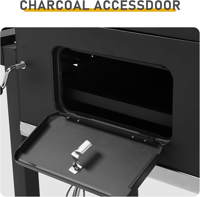 Extra Large Charcoal Grill, Outdoor BBQ Grill with Dual Adjustable Charcoal Doors, Foldable Side Tables for Backyard, Camping, and Picnic Cooking, Black