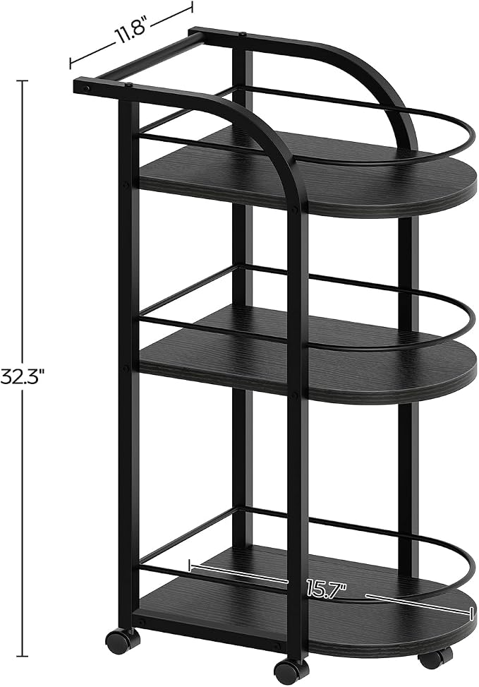 3-Tier Bar Cart, Home Bar Serving Cart with Fence and Wheels, for Dining Room, Living Room, Garden, Party, Black BC06BB