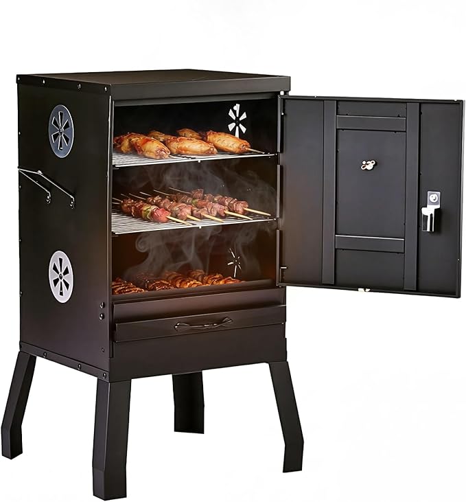 31in Portable Outdoor Charcoal Grill Smoker,Backyard Camping Barbecue Grills,Vertical Charcoal Smoker,with 2 Detachable Grill Netting Smoking Racks,for Patio Garden Beach Porch Lawn Yard (Black)