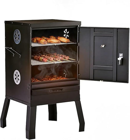 31in Portable Outdoor Charcoal Grill Smoker,Backyard Camping Barbecue Grills,Vertical Charcoal Smoker,with 2 Detachable Grill Netting Smoking Racks,for Patio Garden Beach Porch Lawn Yard (Black)