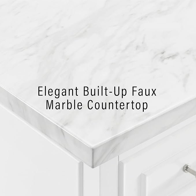 Crosley Furniture Cutler Faux Marble Top Kitchen Island with Storage, Breakfast Bar, Microwave Stand, White