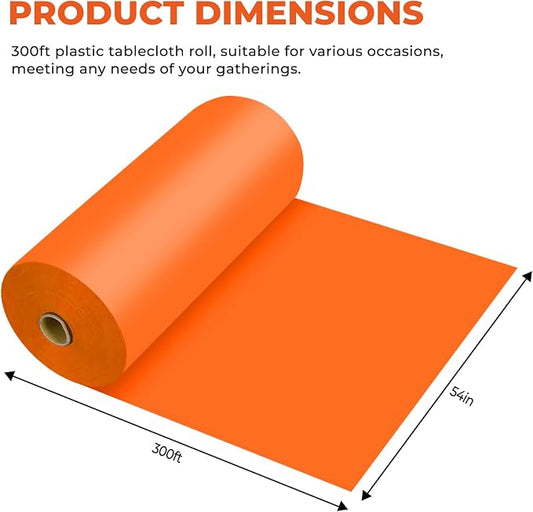 54 Inch X 300 Feet Plastic Table Cover Roll Premium Disposable Plastic Tablecloth for All Type/Shape Tables | Picnic, Party, Banquet, Birthdays, Weddings (Orange, 54 Inch X 300 Feet)