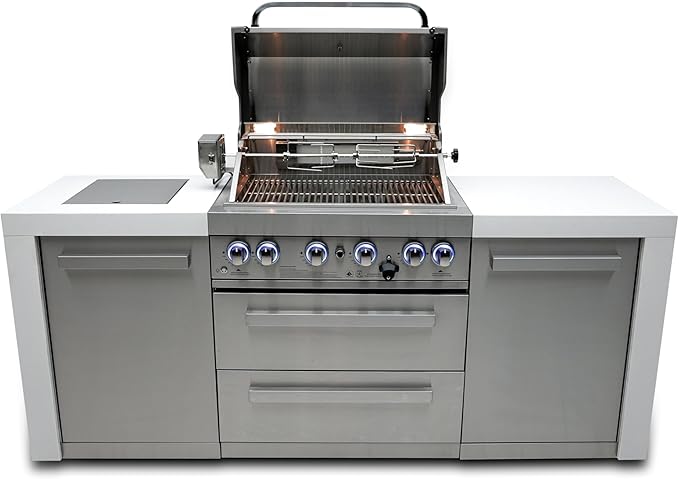 Mont Alpi MAi400-D 4 Burner Stainless Steel Outdoor Kitchen Island BBQ Grill - Side Burner | Granite Countertops | Rotisserie | 32 Inch