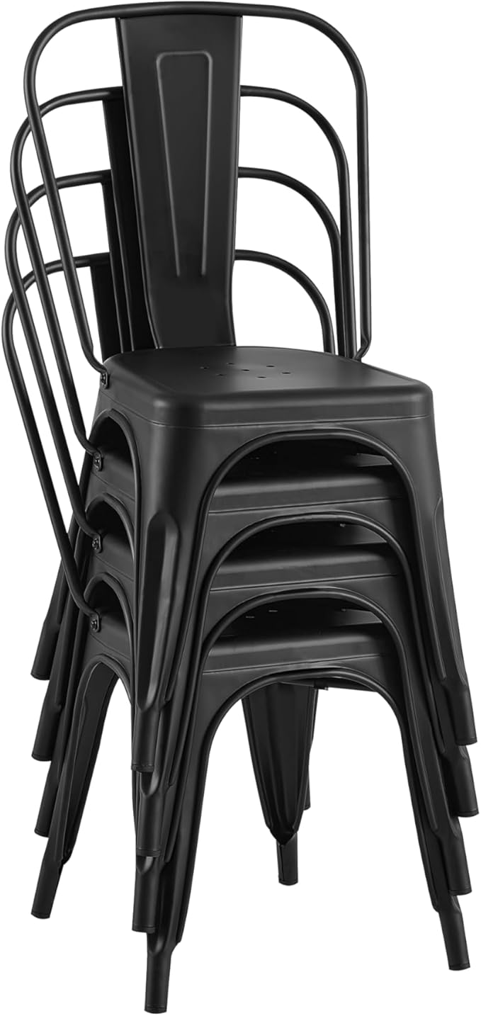 AC Pacific Stackable Metal Dining Chairs Set of 4 for Indoor and Outdoor Use, Durable Stacking Seat, Farmhouse Kitchen, Bar, Patio, Bistro, Cafe, Industrial Style, Matte Black