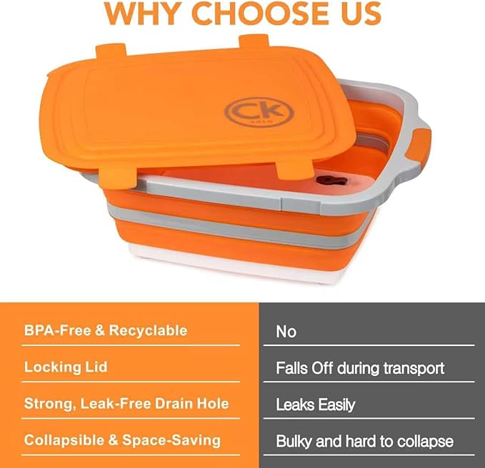 New Extra LARGE Collapsible BBQ Prep Tub with LOCKING LID & Meat Resting Bag - BPA Free Cutting Board with Lid, Leak Free, Strong Drain Hole for Meal Prep, Marinating, Grilling & Food Storage (Orange)