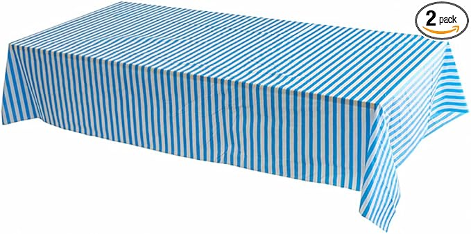 Vpang 2 Pcs Striped Plastic Print Tablecloths Disposable Table Cover Thickened Rectangle Tablecover, Kitchen Picnic Wedding Birthday Party Table Covers, 54"x108" (Blue Stripe)