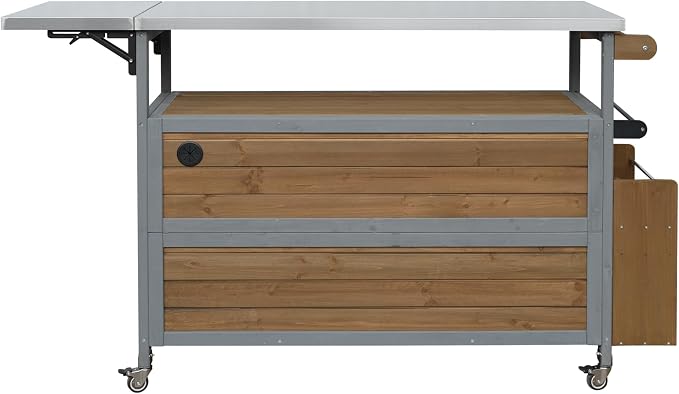 Outdoor Fir Wood Kitchen Island with Foldable Stainless Steel Top, Patio Mobile Kitchen Cart Portable Outdoor Cooking Island with Lockable Wheels, Storage Cabinet and Towel Rack (Espresso+Grey/124)