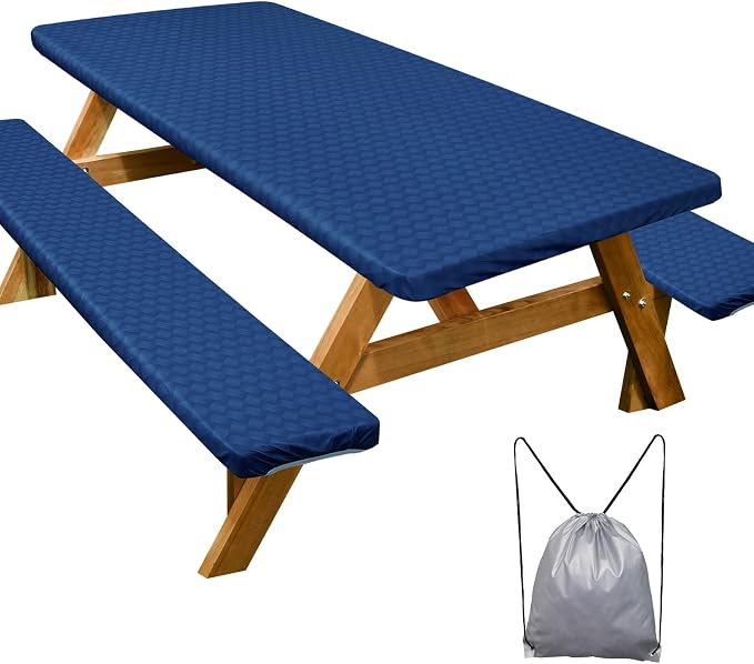 Picnic Table Cover Bench Covers Camping Essentials Tablecloth | Waterproof Vinyl for Outdoor, Windproof Elastic Fitted Edges, RV BBQ Accessories Must Haves, Storage Bag Included