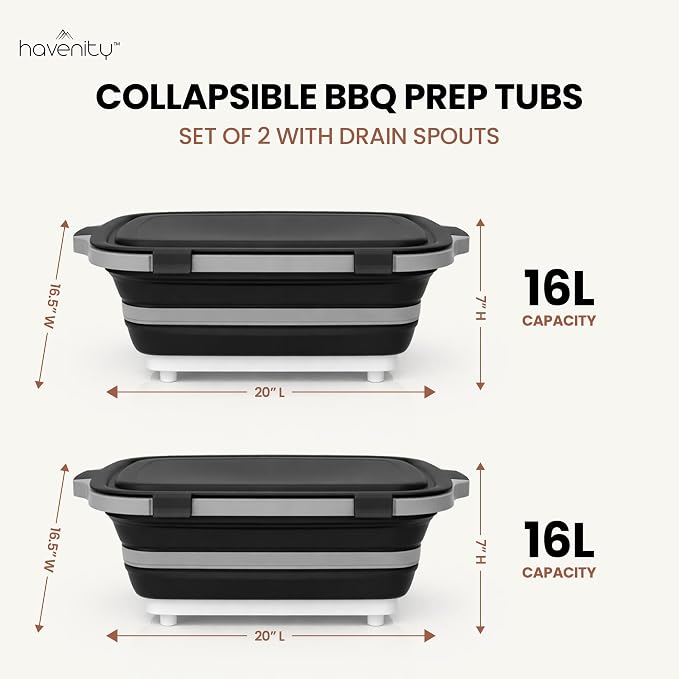 BBQ Prep Tub 2 Pack (16L+16L) - Multifunctional Collapsible Camping Cutting Board with Upgraded Locking lid, Meal Prep Meat Storage Container Perfect for Grilling, Outdoor Cooking (XL x 2)