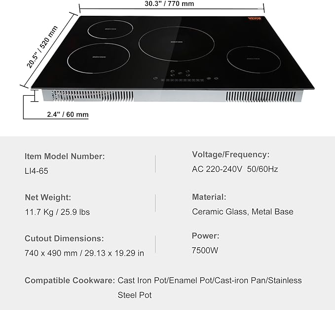 VEVOR Electric Cooktop, 4 Burners, 30'' Induction Stove Top, Built-in Magnetic Cooktop 7500W, 9 Heating Level Multifunctional Burner, LED Touch Screen w/Child Lock & Over-Temperature Protection