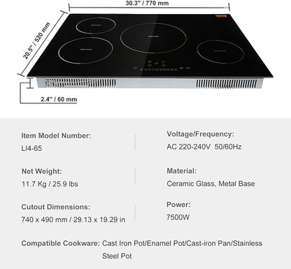 VEVOR Electric Cooktop, 4 Burners, 30'' Induction Stove Top, Built-in Magnetic Cooktop 7500W, 9 Heating Level Multifunctional Burner, LED Touch Screen w/Child Lock & Over-Temperature Protection