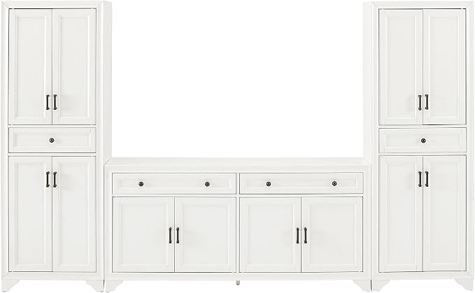 Crosley Furniture Tara 3-Piece Modern Farmhouse Sideboard Buffet Cabinet and Kitchen Storage Pantry Set, Distressed White