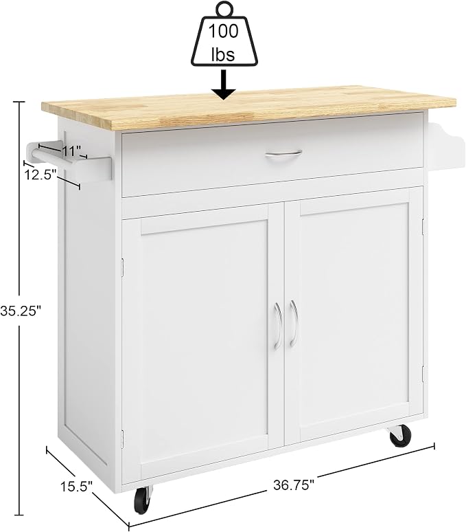 Lavish Home Mobile Kitchen Island with Spice Rack & Storage Cabinet, White | Rolling Cart with Drawers for Coffee Bar, Adjustable Shelves, Towel Rack, Counter Space, Microwave Stand with Storage Shelves