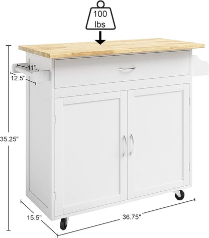 Lavish Home Mobile Kitchen Island with Spice Rack & Storage Cabinet, White | Rolling Cart with Drawers for Coffee Bar, Adjustable Shelves, Towel Rack, Counter Space, Microwave Stand with Storage Shelves