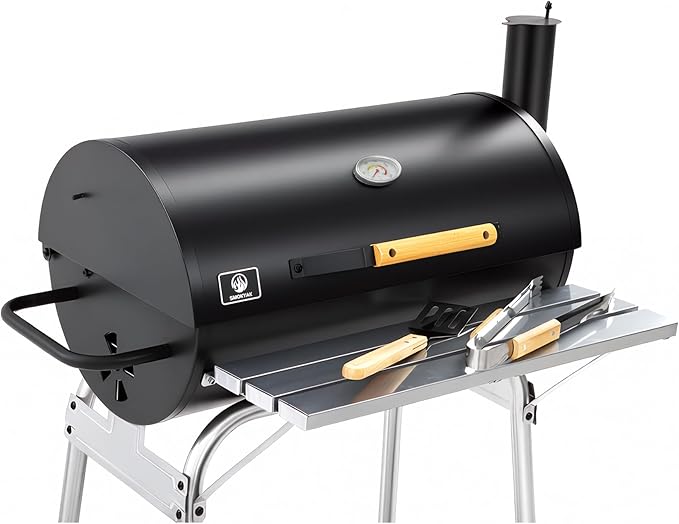 Barrel Charcoal Grill, Outdoor BBQ Smoker, 486 Sq. In. Cooking Area, Warming Rack & Adjustable Charcoal Pan, Front Table & Bottom Shelf, Enameled Steel Wire, Backyard, Patio, Camping(Middle)