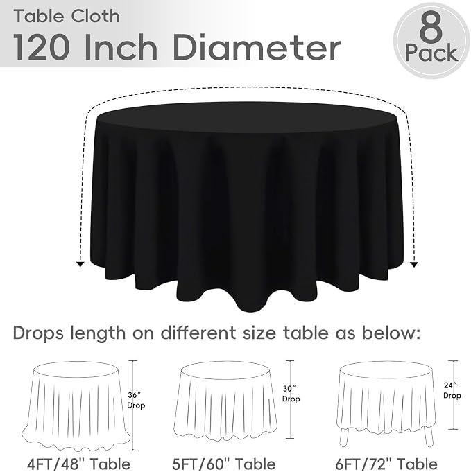 8 Pack Black Round Tablecloths 120 Inch | For 4Ft-7Ft Round Table, Wrinkle Resistant Table Cloth, Washable Polyester Fabric, For Wedding Party Banquet Buffet Camping