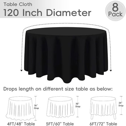 8 Pack Black Round Tablecloths 120 Inch | For 4Ft-7Ft Round Table, Wrinkle Resistant Table Cloth, Washable Polyester Fabric, For Wedding Party Banquet Buffet Camping