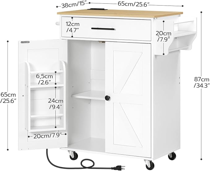 HOOBRO Kitchen Island with Power Outlet, Rolling Kitchen Island with Large Worktop, Kitchen Island Cart with Spice Rack and Drawer, Island Table for Dining Room, White and Natural WN88UZD01