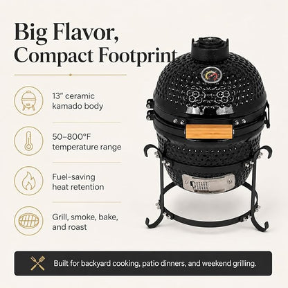 Ceramic Charcoal BBQ Kamado Griller - Portable Small Tabletop Smoker - Round Barbecue Grill and Cooker for Variations on Cooking (Black)