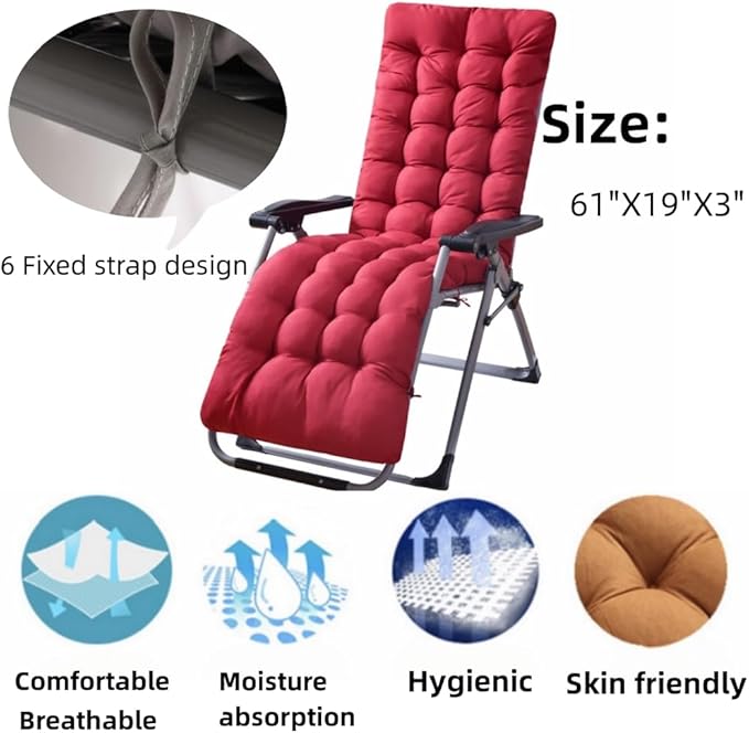 Patio Chaise Lounger Cushion， Rocking Chair Sofa Cushion with 6 Ties， Thick Padded Swing Bench Cushion， Zero Gravity Chair Cushion61x19x3in (Dark Coffee)