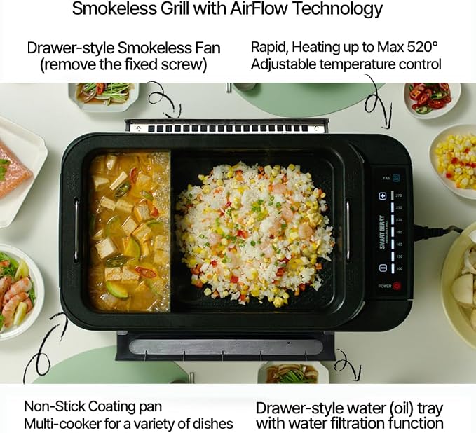 SMART BERRY 3 in 1 Smokeless Electric Indoor Grill, Nonstick Grill/Griddle Plates, Jjamjjapan, Glass Lid, Portable Korean BBQ Grill with 7-Level Control (Jjamjjapan set White)