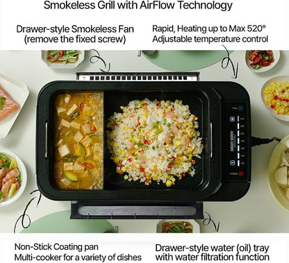SMART BERRY 3 in 1 Smokeless Electric Indoor Grill, Nonstick Grill/Griddle Plates, hot pot, Glass Lid, Portable Korean BBQ Grill with 7-Level Control, black (HOT POT set White)
