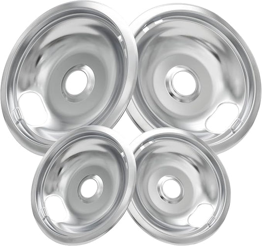 W10196405 W10196406 Stove Burner Drip Pans for Electric Stove Top-Compatible with Whirlpool Electric Range-Thickening to Prevent Bent-Set of 4 Chrome Drip Pans, Silver